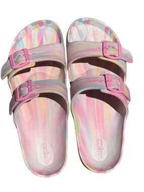 GUC SZ 4 big girl/women cat & jackPastel Tie-Dye Slide Sandals with Pink Buckles